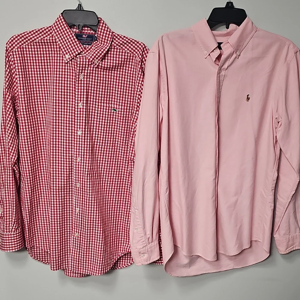 Vineyard Vines Men's Medium Red Check Plaid & Ralph Lauren Peach Button Down - Picture 16 of 16
